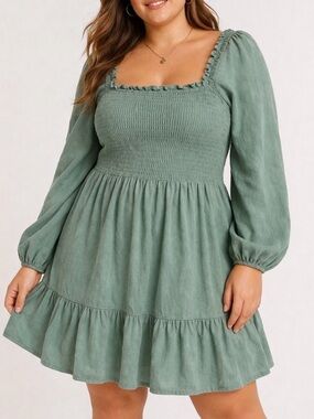 American Eagle Smocked Mini Dress Green Cottagecore Long Sleeve Tiered Babydoll